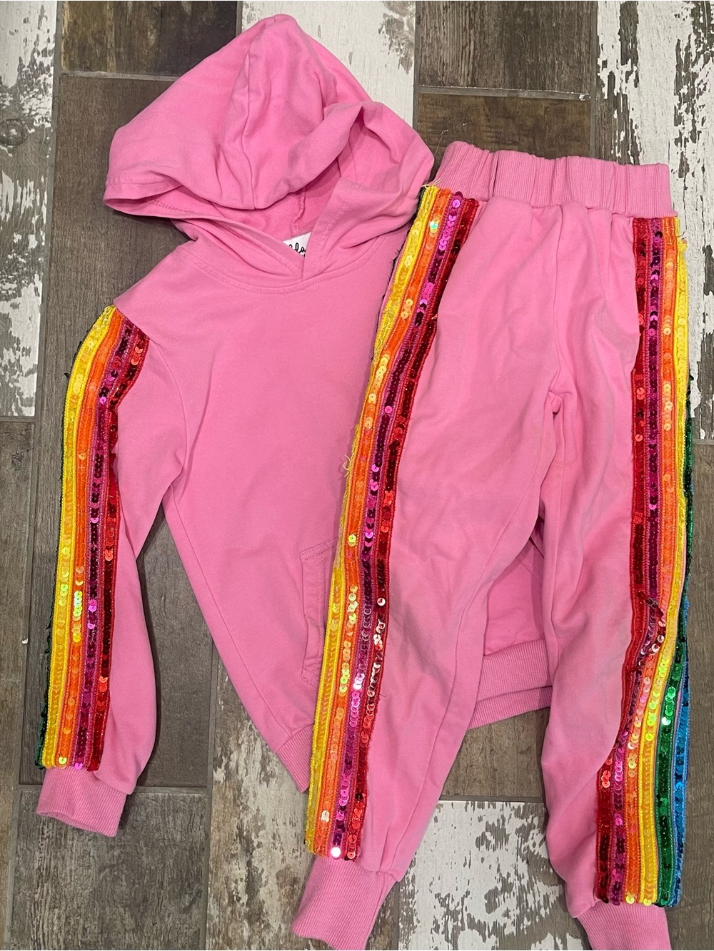 Lola + The boys rainbow sequence, pink sweat set size 6